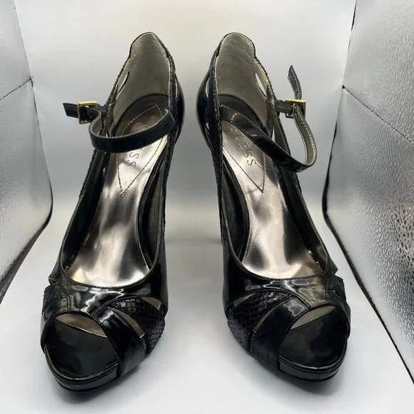 Guess Shoes Guess Black Strappy Peeptoe Platform Heels Womens